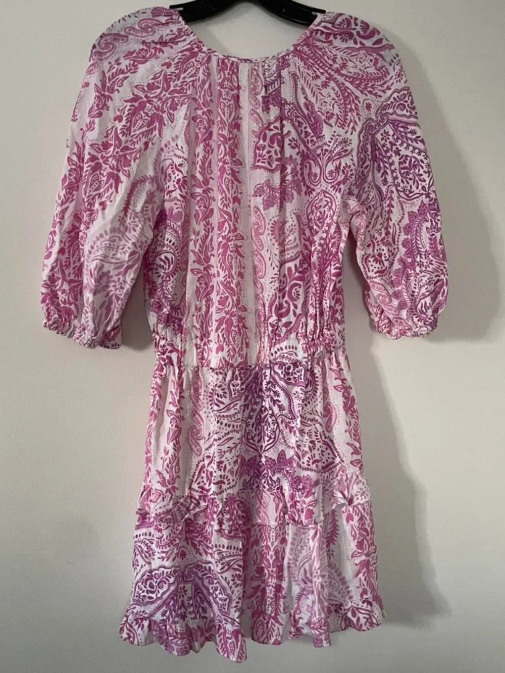 Zara Pink Paisley Boho Puff Sleeve Mini Dress Medium Cottagecore Peasant Linen - Picture 2 of 8